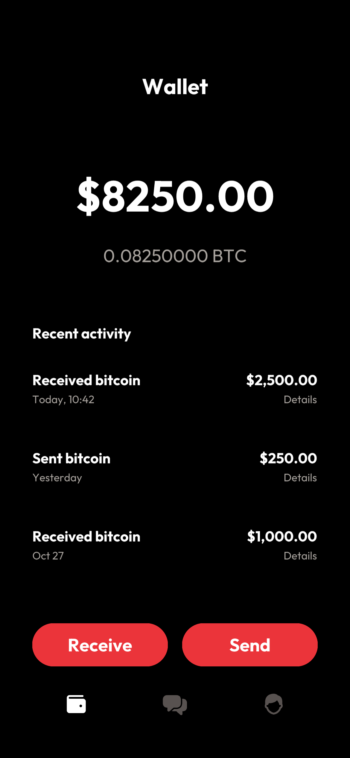 Orange Bitcoin wallet preview with example balances