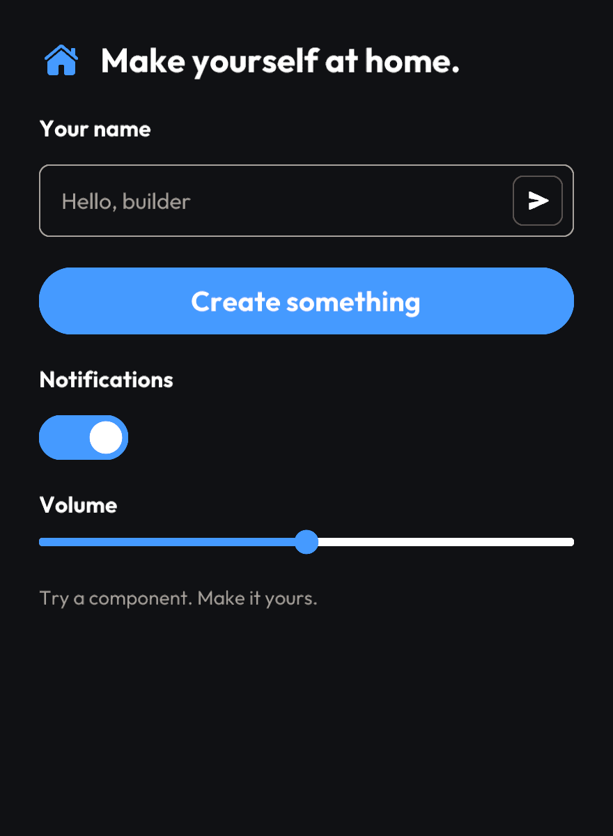 Real Pelican UI components: a home icon, name field, create button, notification switch, and volume slider